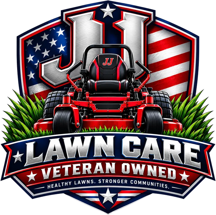 JJ Lawn Care badge: veteran owned, healthy lawns, stronger communities
